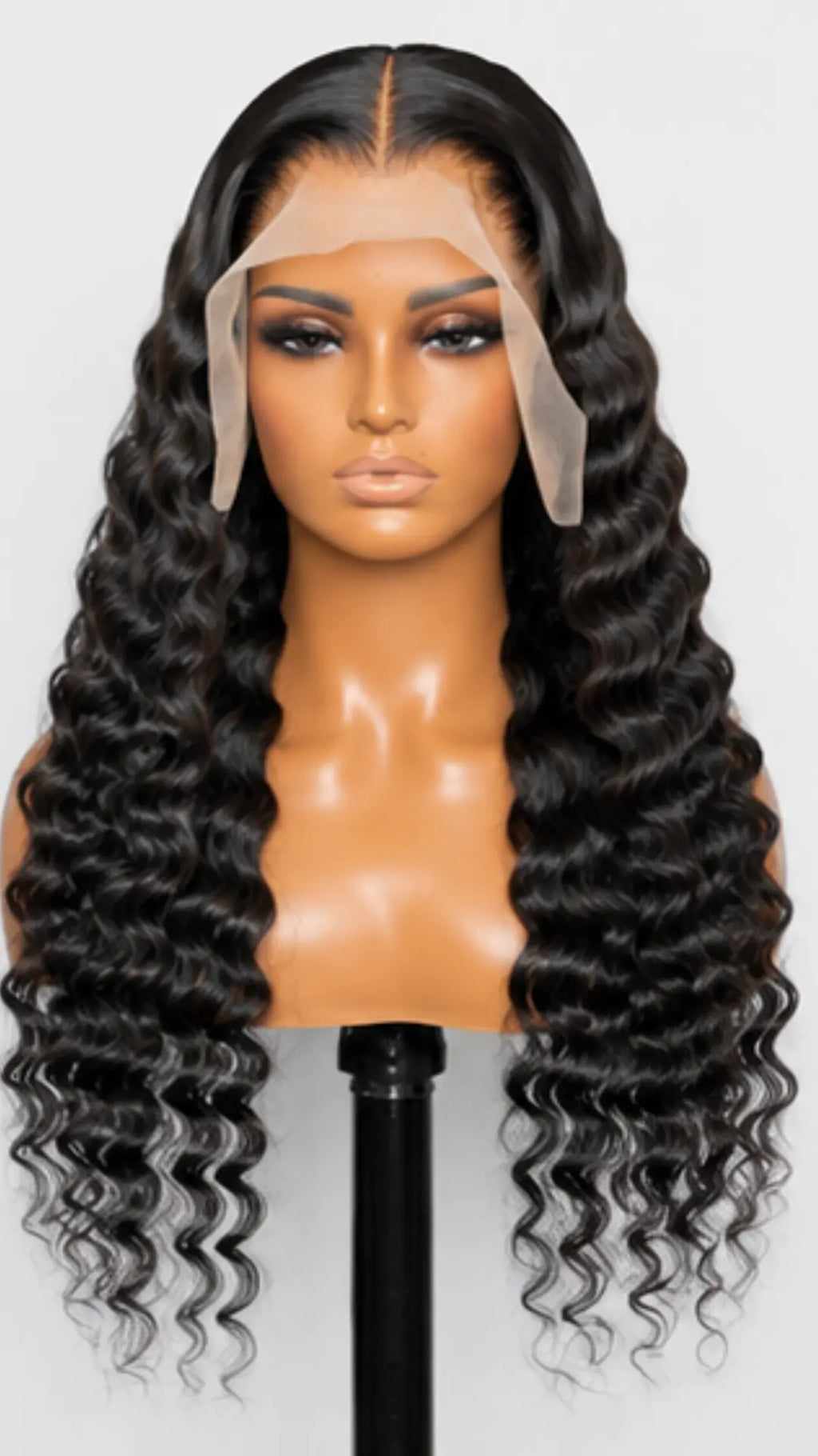 Long black deep wave wig with a lace frontal, displayed on a mannequin head against a light gray background.