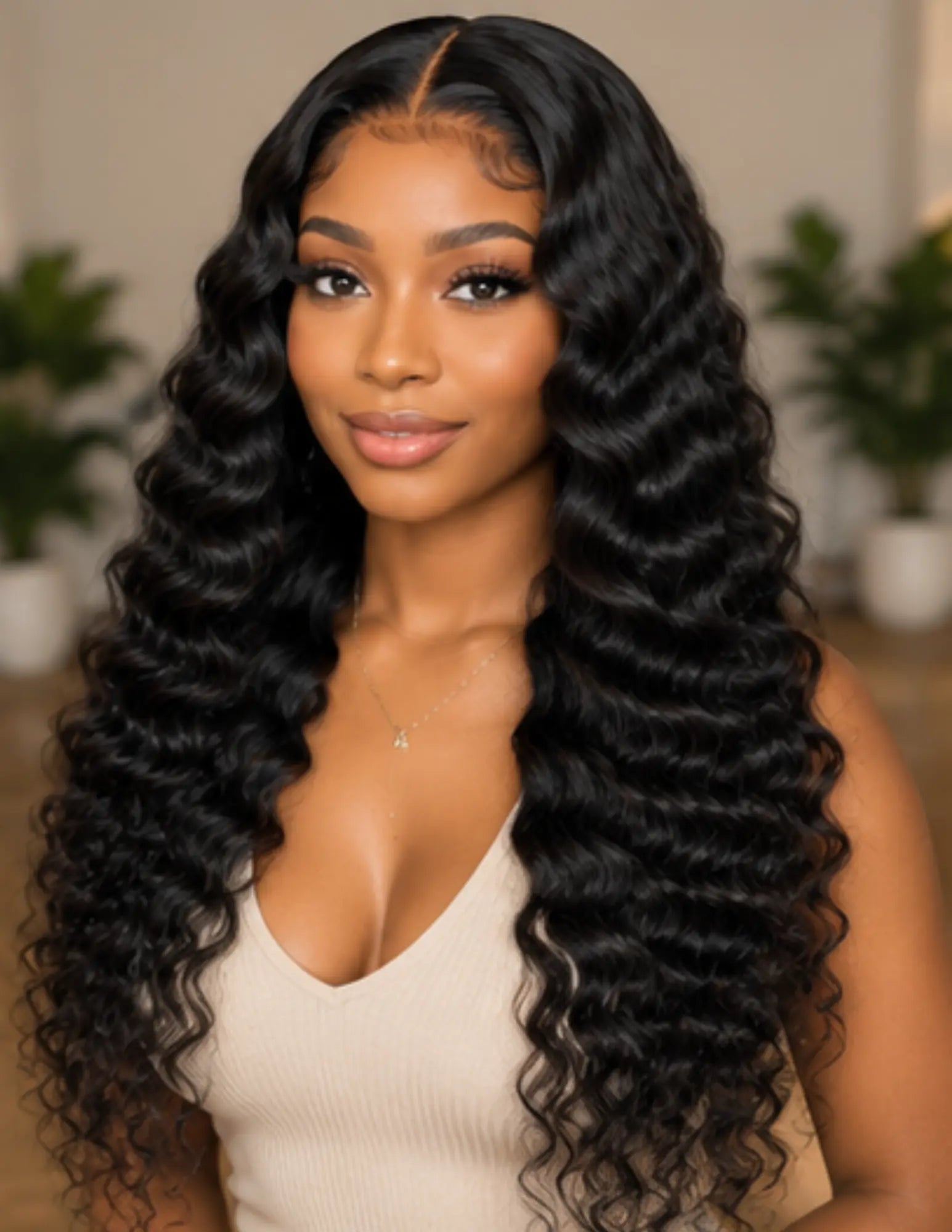 A woman with long, voluminous black wavy hair wearing a beige ribbed tank top, shown from the chest up against a softly blurred indoor background with plants.