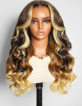 13×4 Transparent Lace Frontal Highlight Burmese Curly Human Hair Wig front view with defined curls and honey blonde highlights.