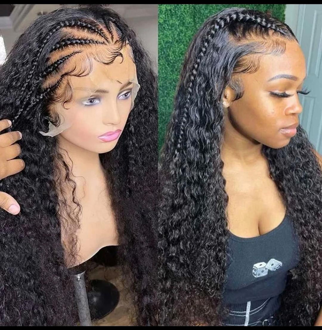 Two views of a person with styled hair, one on a mannequin and one on a person, highlighting the wig and hairstyle.