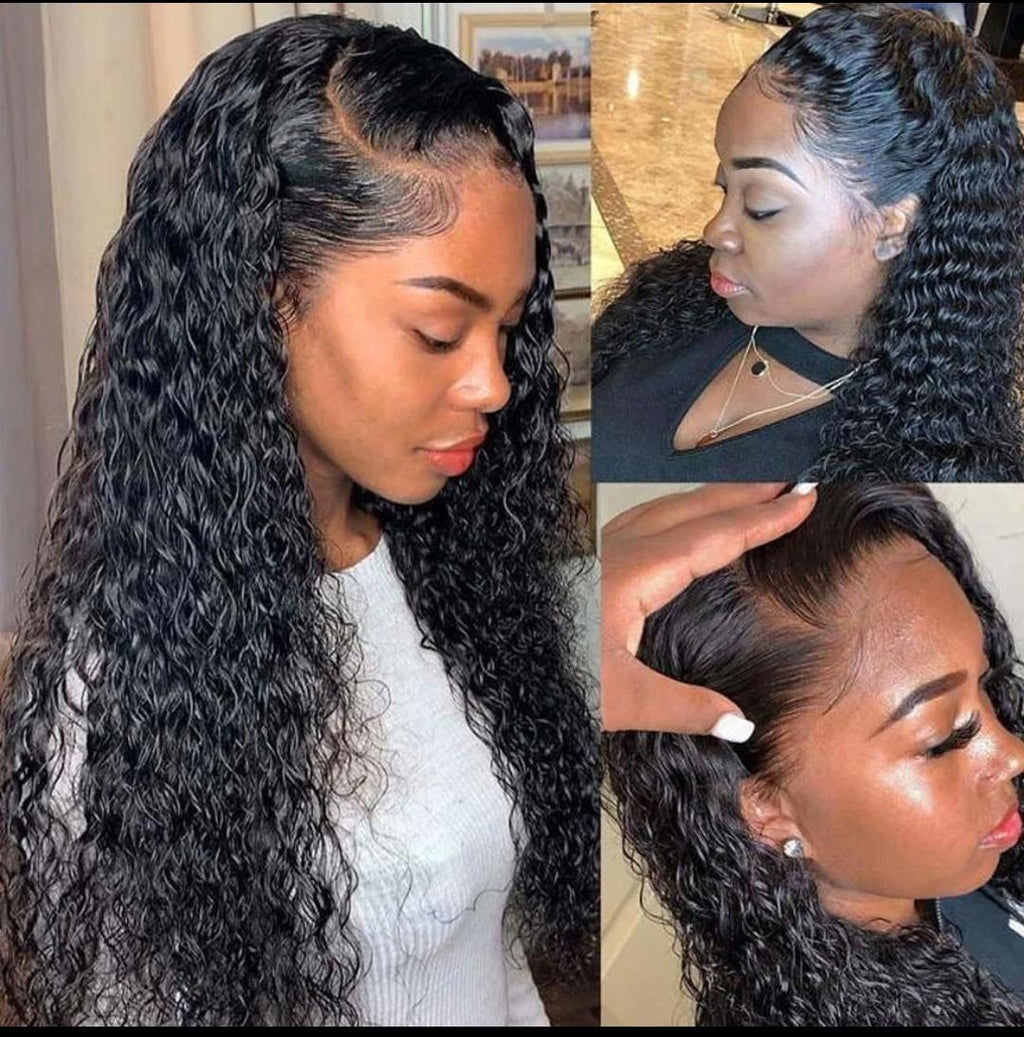 Collage of a woman with styled hair, close-up of hair texture, and hand holding hair.