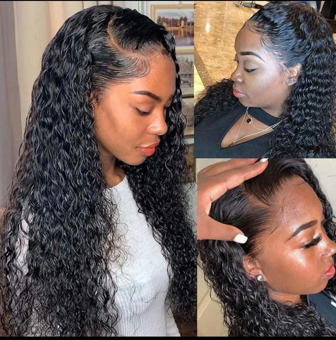 Collage of a woman with styled hair, close-up of hair texture, and hand holding hair.