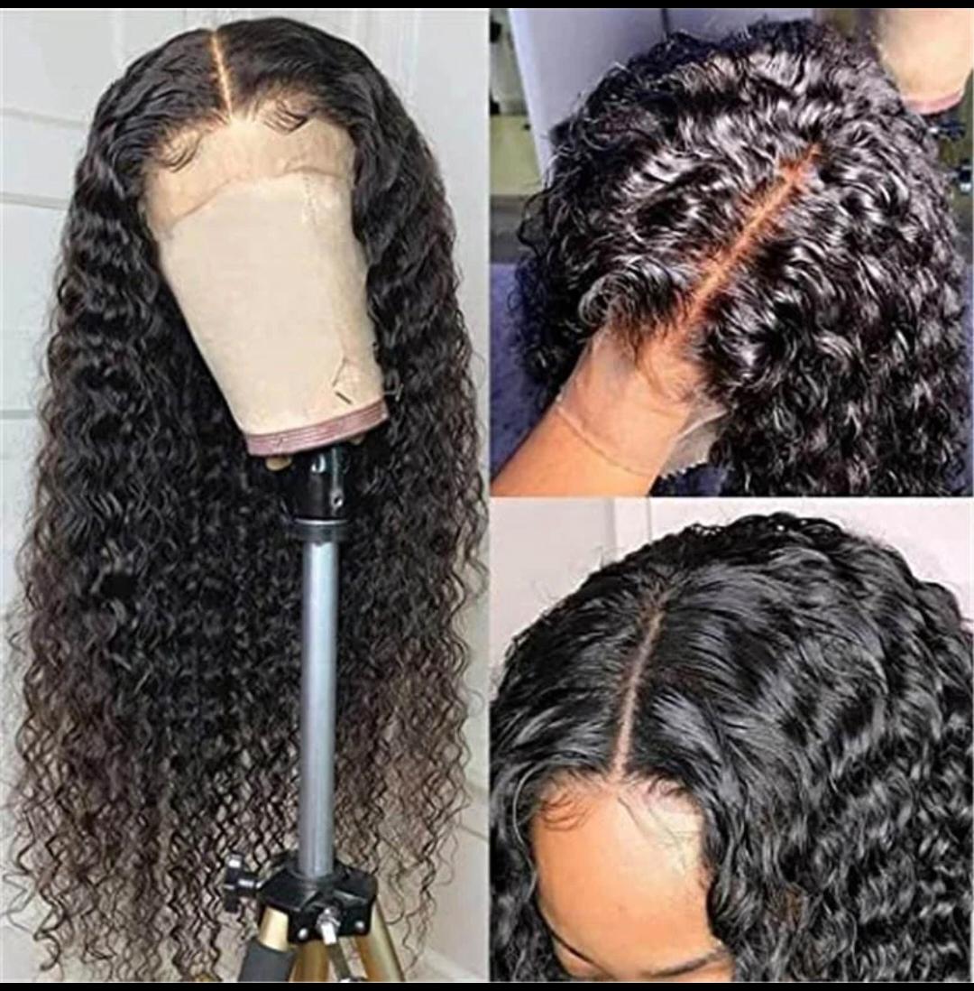 Collage of a lace front wig on a mannequin head, close-up of hairline, and side view of wig.