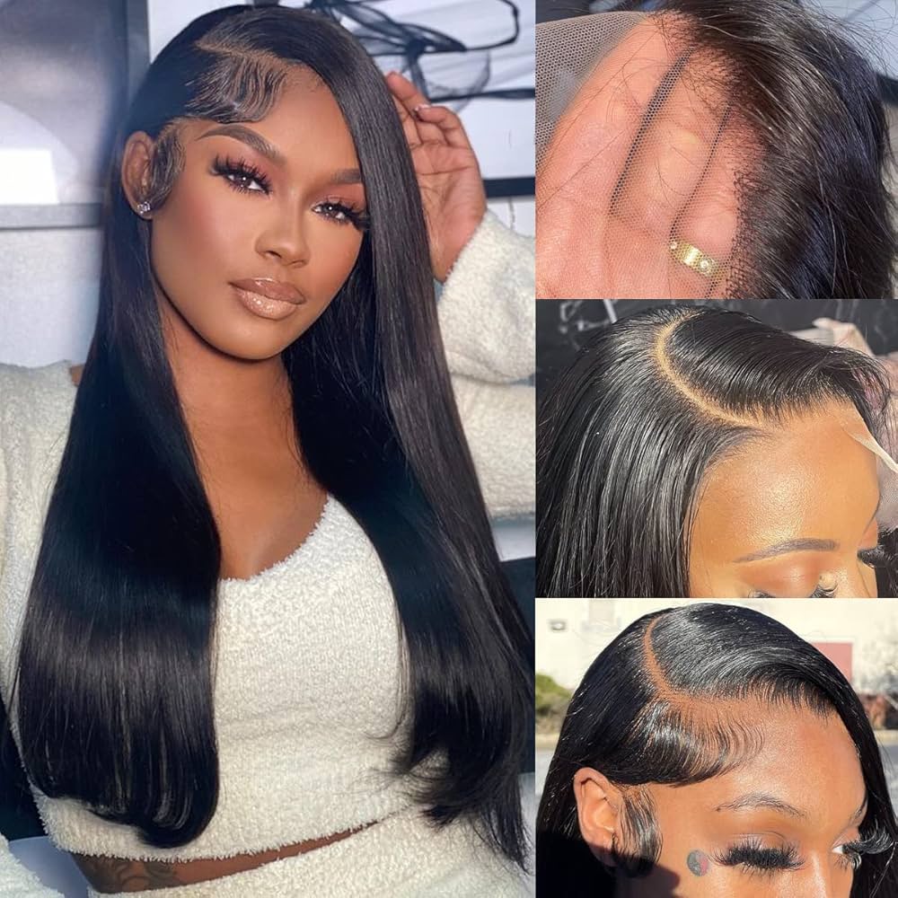Woman with long black hair and close-up shots of a wig, including a side view and a top view.