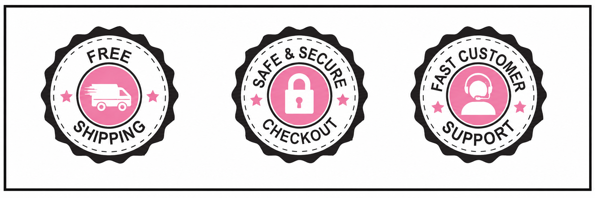 Three circular promotional badges on a white background with a thin black border. The left badge says 'FREE SHIPPING' at Rodana Hair with a pink delivery truck icon.