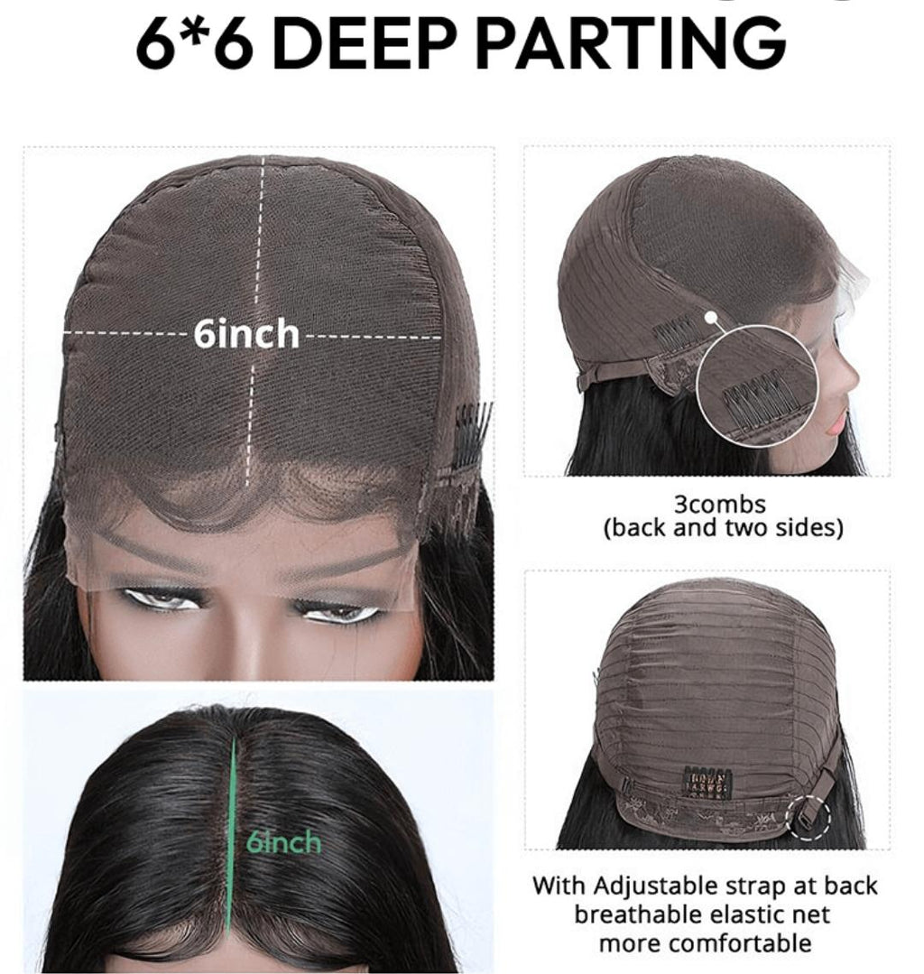 Wig with 6*6 deep parting, showing measurements and features on a white background.