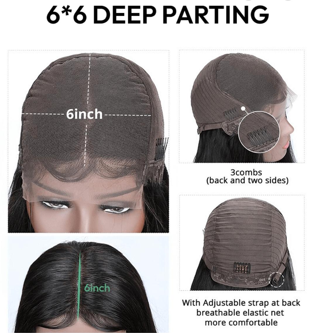 Wig with 6*6 deep parting, showing measurements and features on a white background.