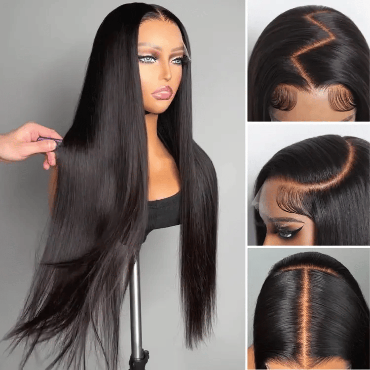 Black lace front wig with detailed close-ups on a gray background