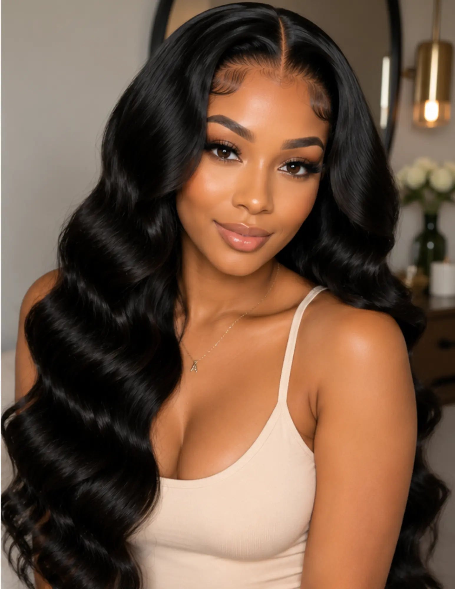 Model wearing an HD Lace Frontal 13×4 Body Wave Human Hair Wig with invisible HD lace and soft body wave curls.