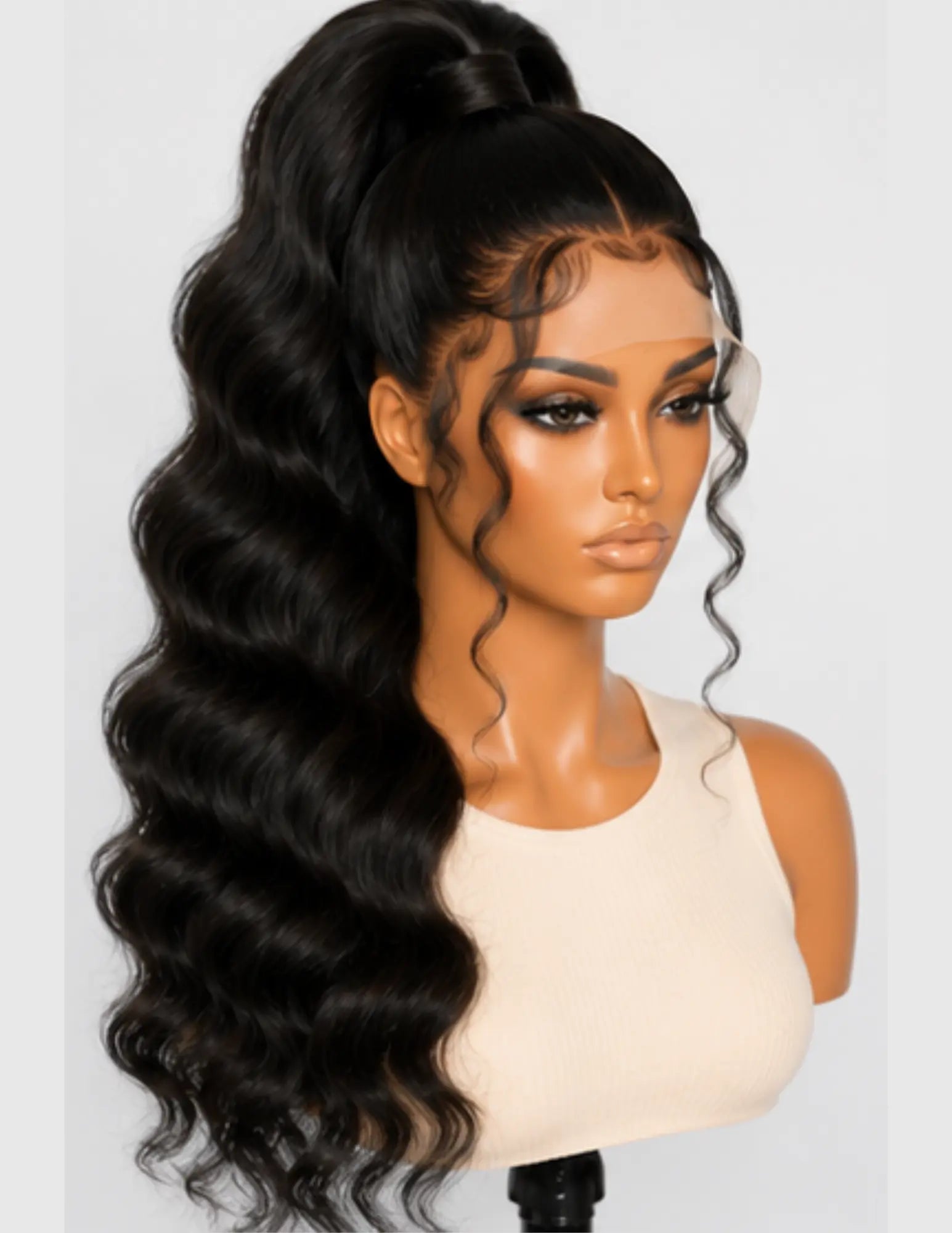 HD Lace Frontal 13×4 Body Wave Human Hair Wig styled in a high ponytail with a natural hairline.
