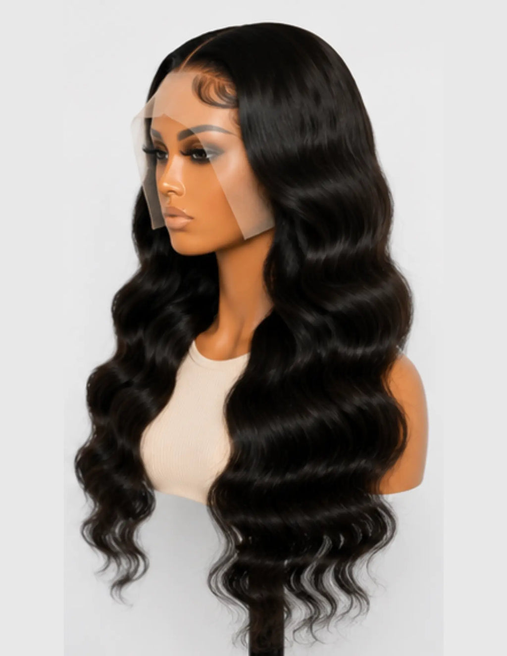 Left side view of an HD Lace Frontal 13×4 Body Wave Human Hair Wig showing soft body wave texture and full volume.