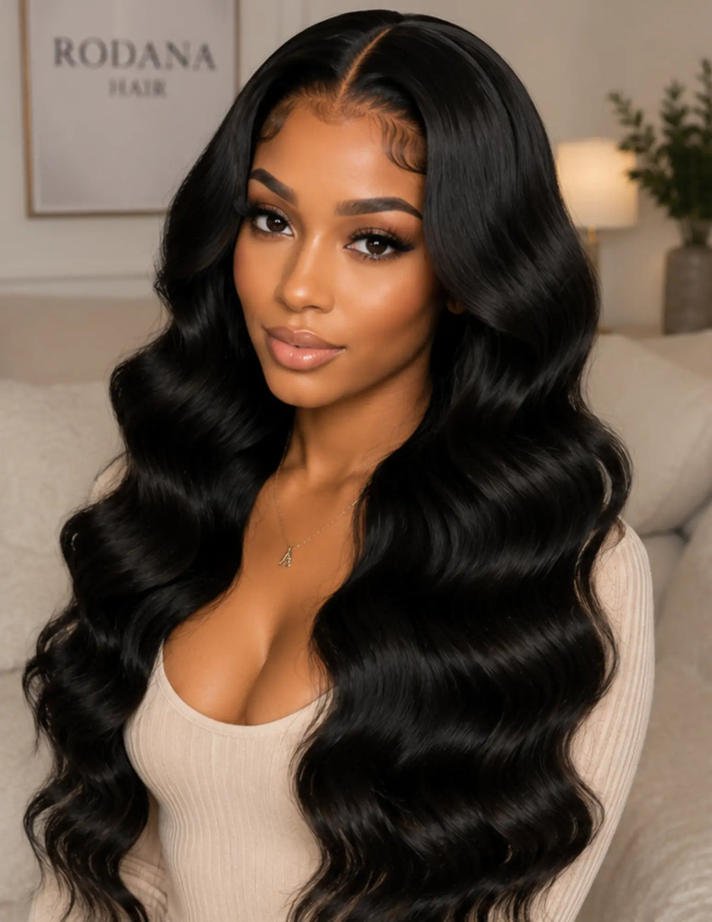 A woman with long, glossy, black wavy hair (body waves) wearing a beige ribbed top, posing indoors. The background shows a soft-focus living room setting with a framed 'RODANA HAIR' sign on the wall.