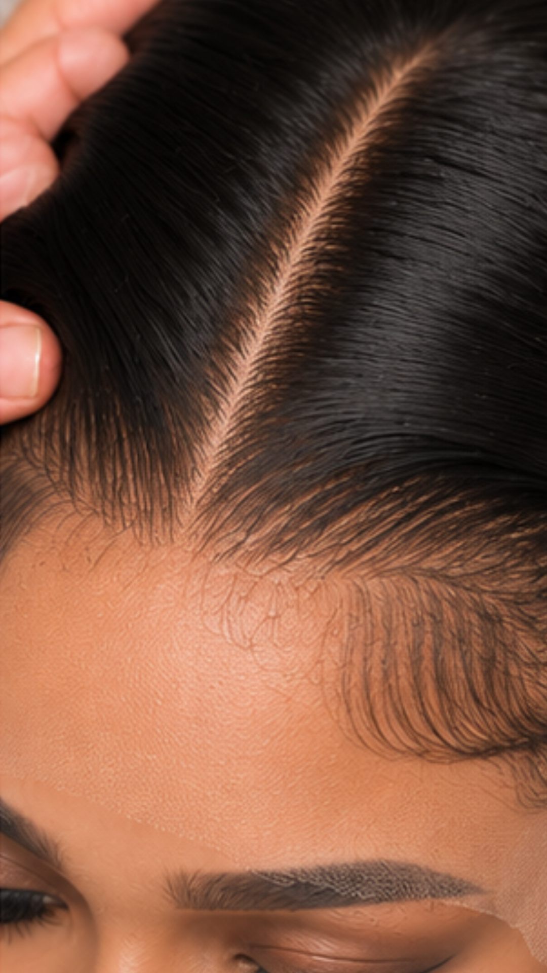 Close-up of the HD lace on a straight glueless raw human hair wig with a natural scalp appearance.