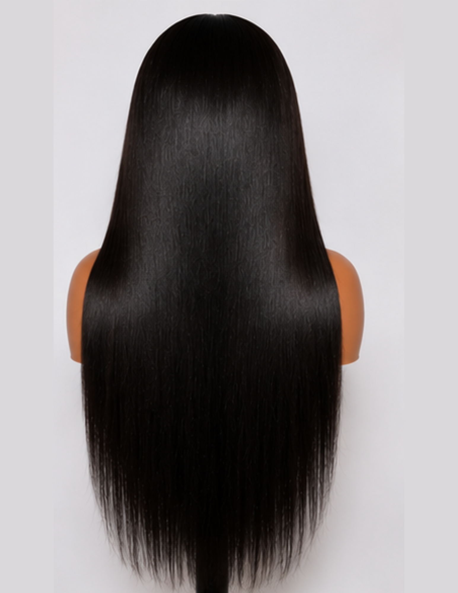 Back view of a straight HD lace glueless wig made with raw human hair showing full 200% density.