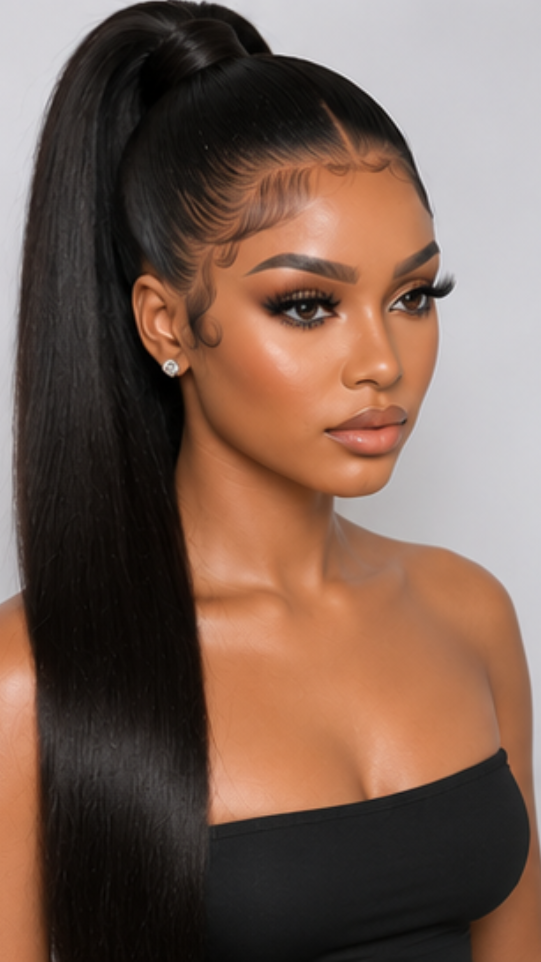 Straight HD lace glueless wig styled in a high ponytail with sleek raw human hair.