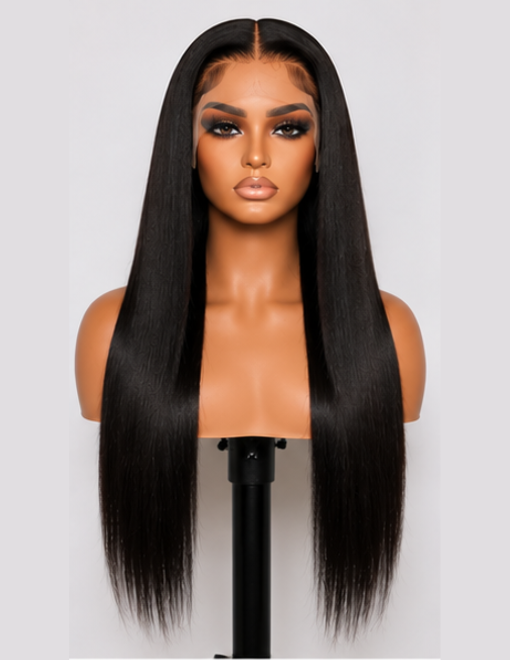 Straight HD Lace Glueless Wig made with 100% raw human hair featuring a natural hairline and silky straight texture.