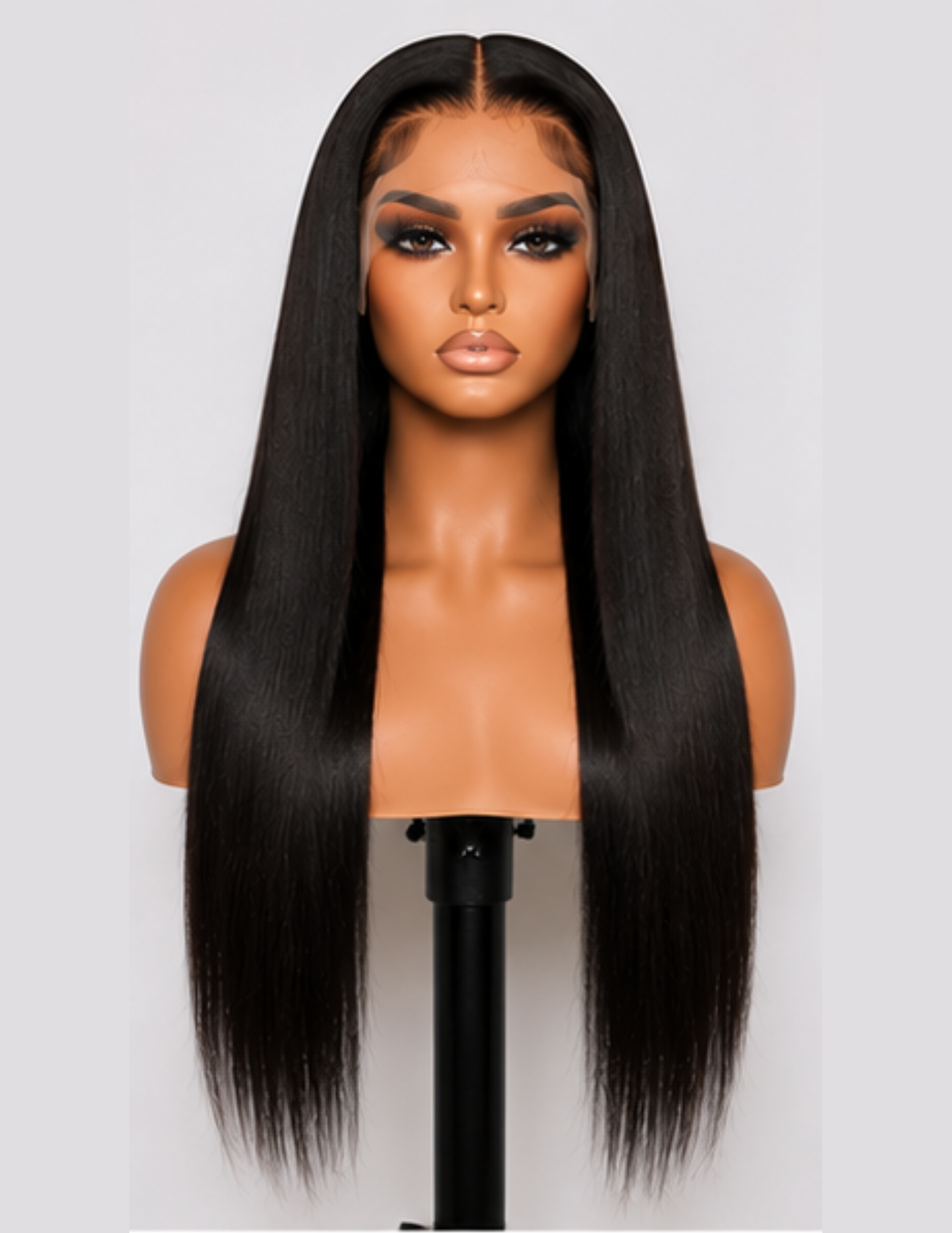 Straight HD Lace Glueless Wig made with 100% raw human hair featuring a natural hairline and silky straight texture.
