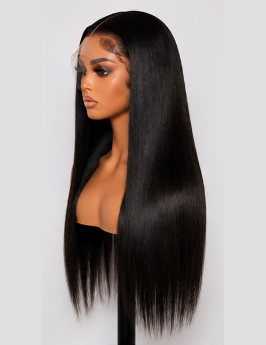 Right side view of a straight HD lace glueless wig with a smooth natural straight texture.