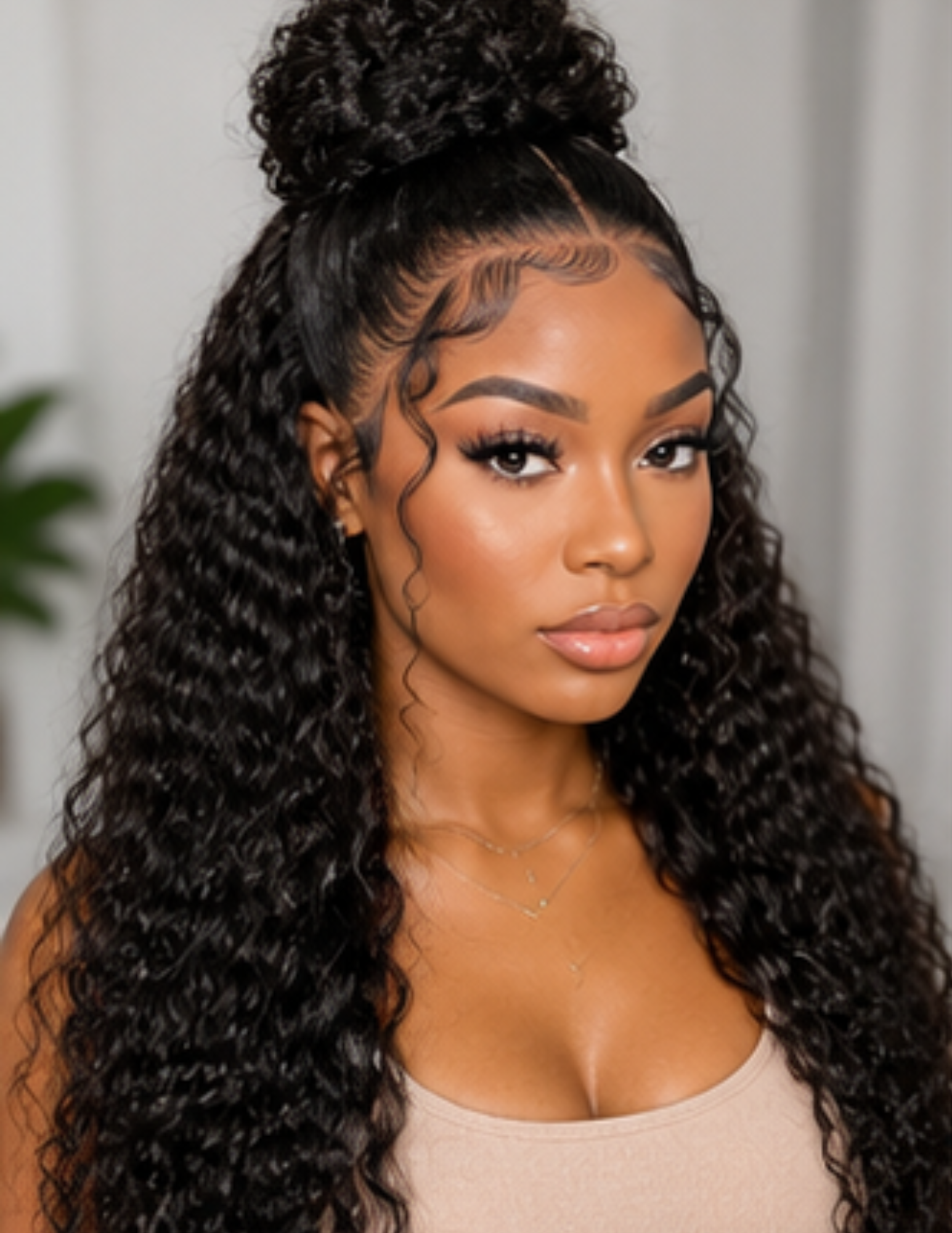 Water Wave HD Lace Glueless Wig styled in a half-up hairstyle with soft flowing raw human hair curls.