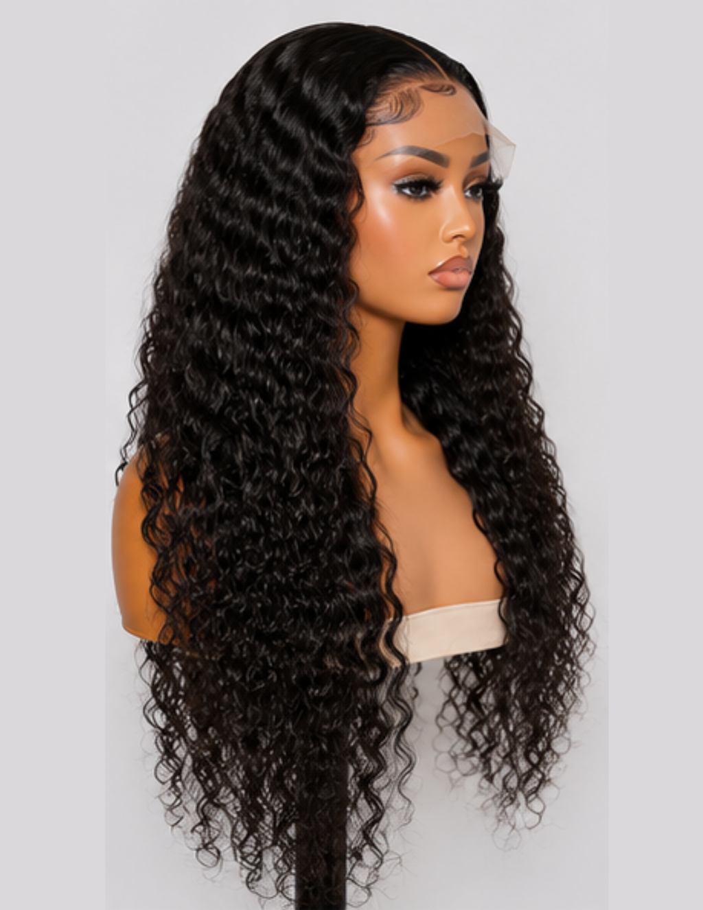Left side view of a Water Wave HD Lace Glueless Wig with natural water wave curls and 200% density.